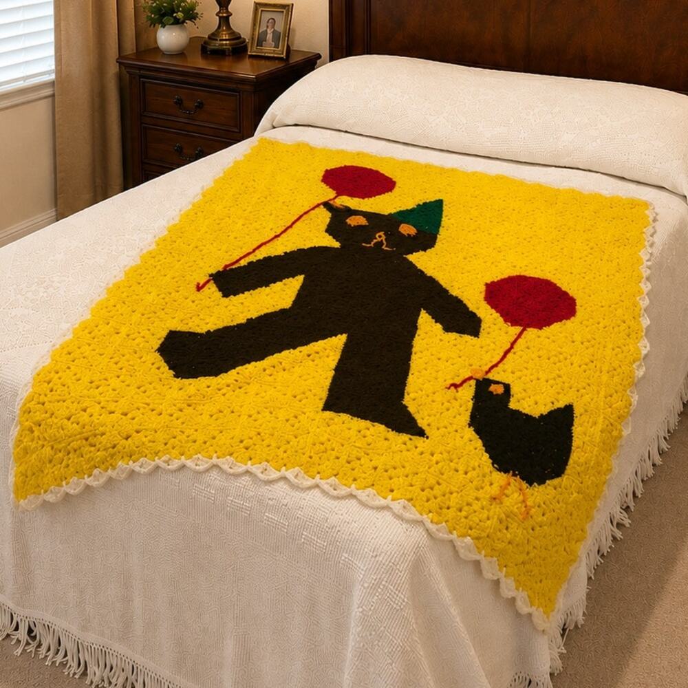 Bear & Bird Balloon Afghan Throw Vintage Handmade Crochet 43x50 Folk Art